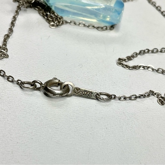 Art Deco Sterling Opaline Glass Necklace Japanese Carved Crane - Picture 9 of 11